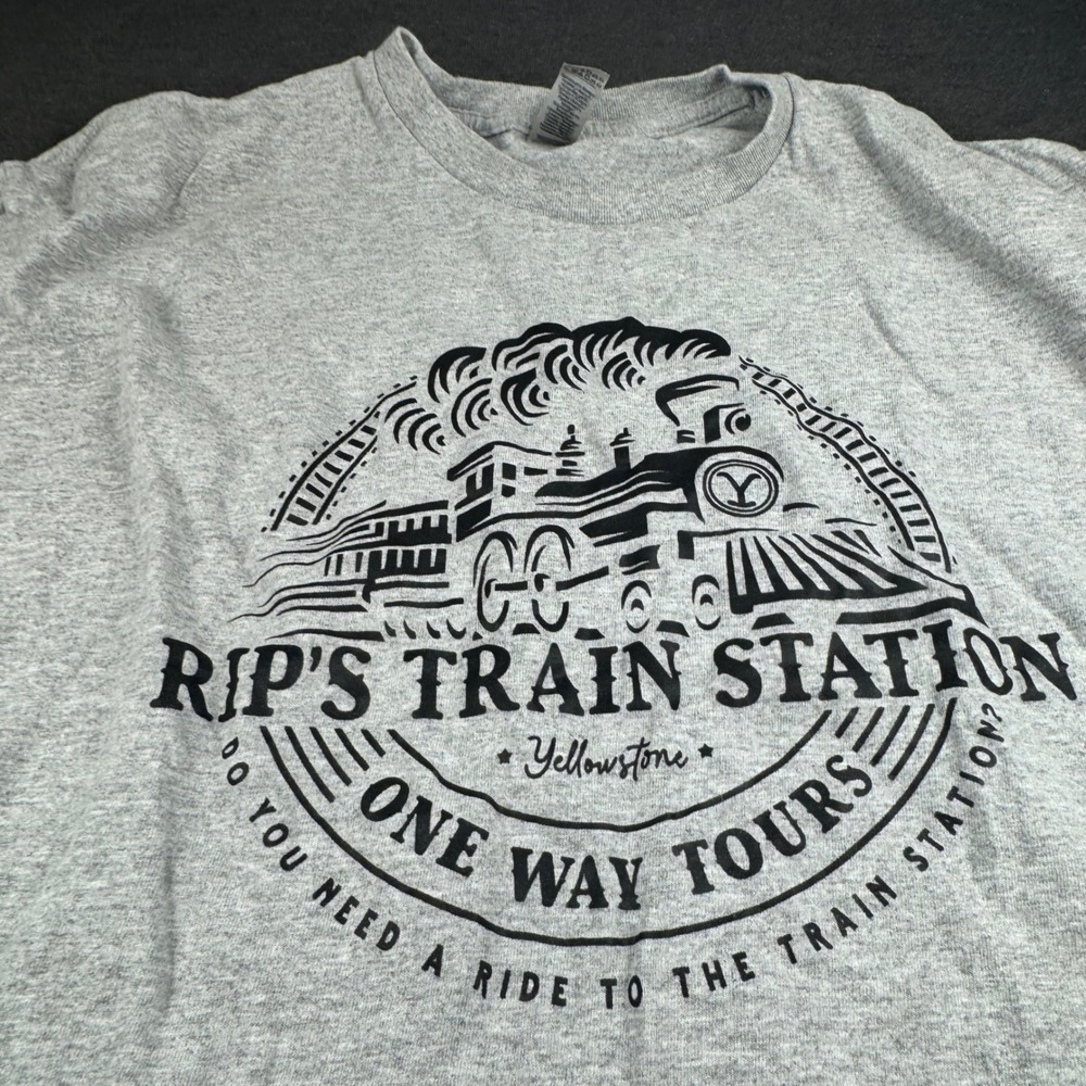 Mens XL Gray Rip's Train Station Yellowstone One Way Tours Graphic‎ T Shirt